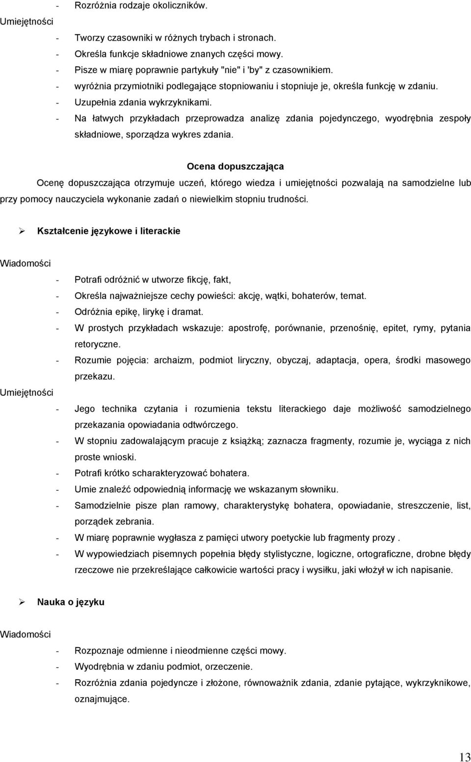 - Na łatwych przykładach przeprowadza analizę zdania pojedynczego, wyodrębnia zespoły składniowe, sporządza wykres zdania.