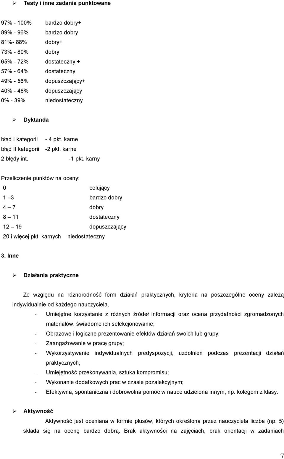 karny Przeliczenie punktów na oceny: 0 celujący 1 3 bardzo dobry 4 7 dobry 8 11 dostateczny 12 19 dopuszczający 20 i więcej pkt. karnych niedostateczny 3.