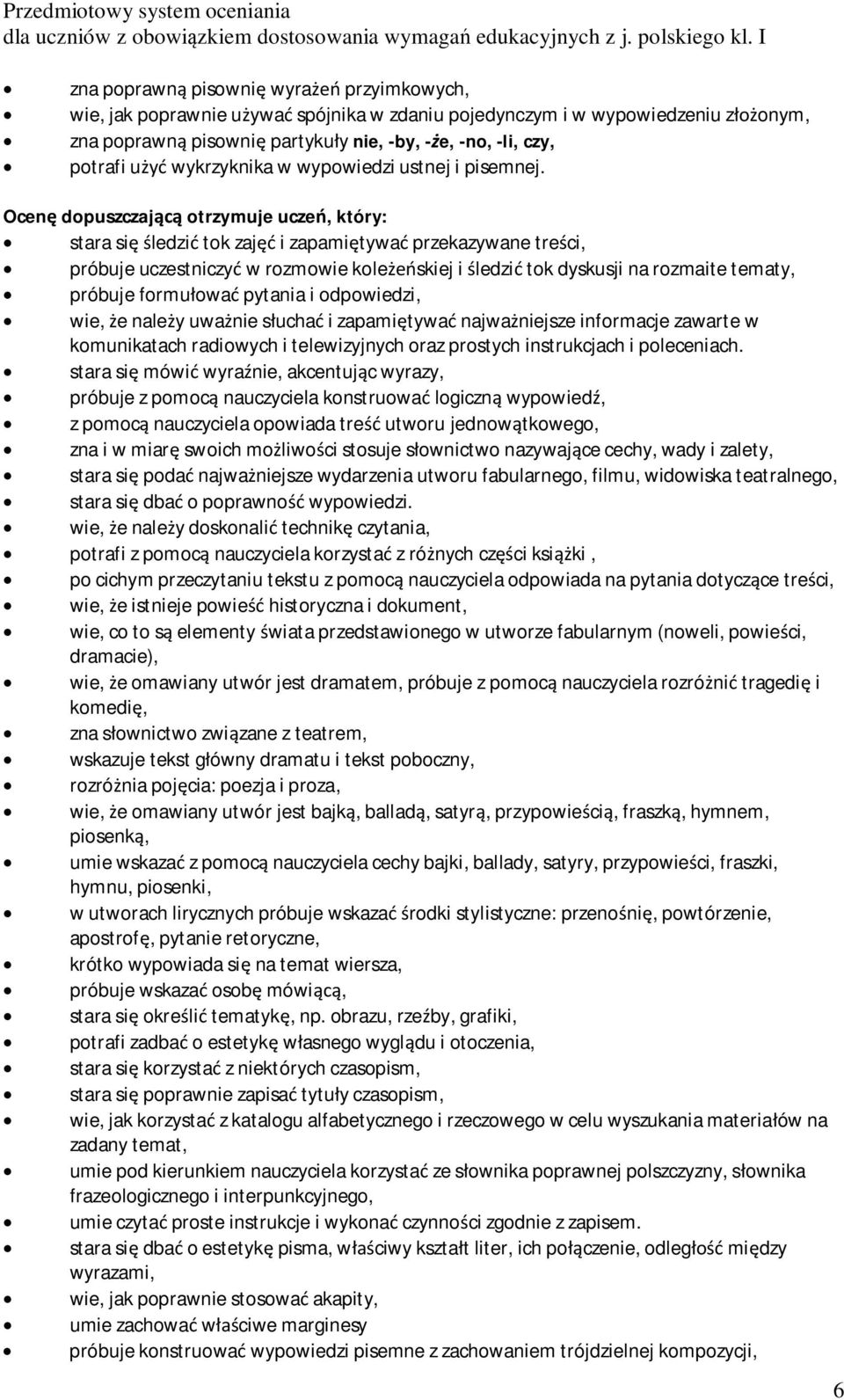 Ocenę dopuszczającą otrzymuje uczeń, który: stara się śledzić tok zajęć i zapamiętywać przekazywane treści, próbuje uczestniczyć w rozmowie koleżeńskiej i śledzić tok dyskusji na rozmaite tematy,