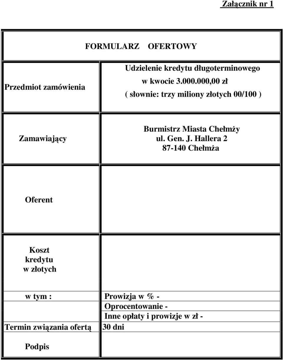 000,00 zł ( słownie: trzy miliony złotych 00/100 ) Zamawiający Burmistrz Miasta ChełmŜy ul.