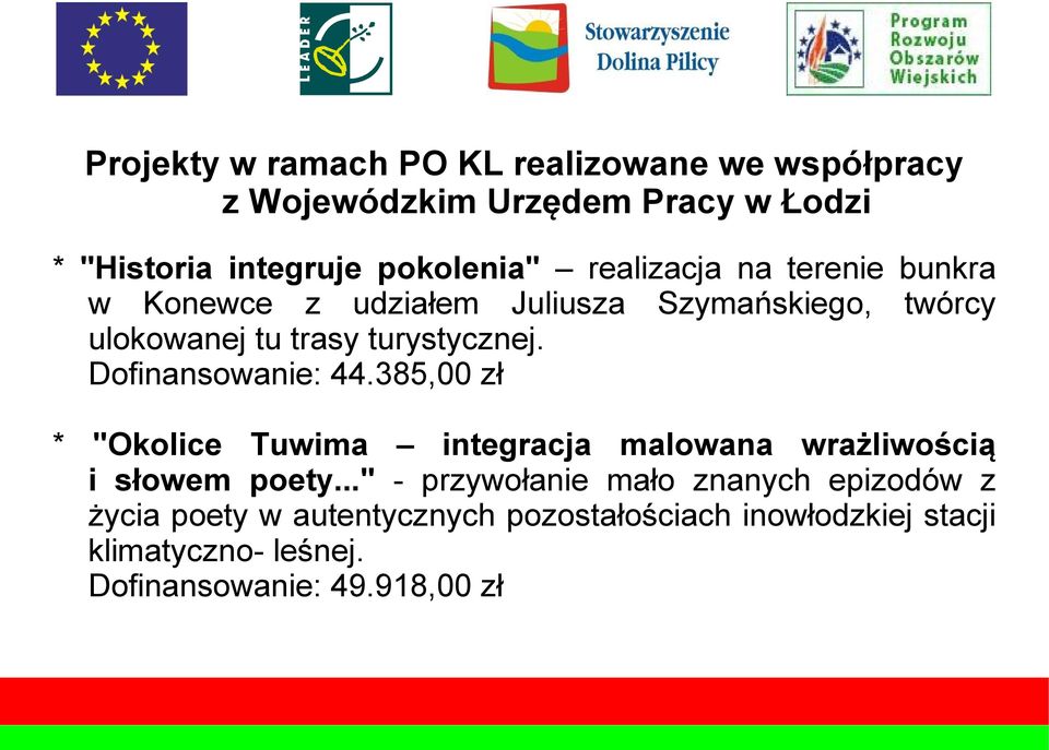 Dofinansowanie: 44.385,00 zł * "Okolice Tuwima integracja malowana wrażliwością i słowem poety.