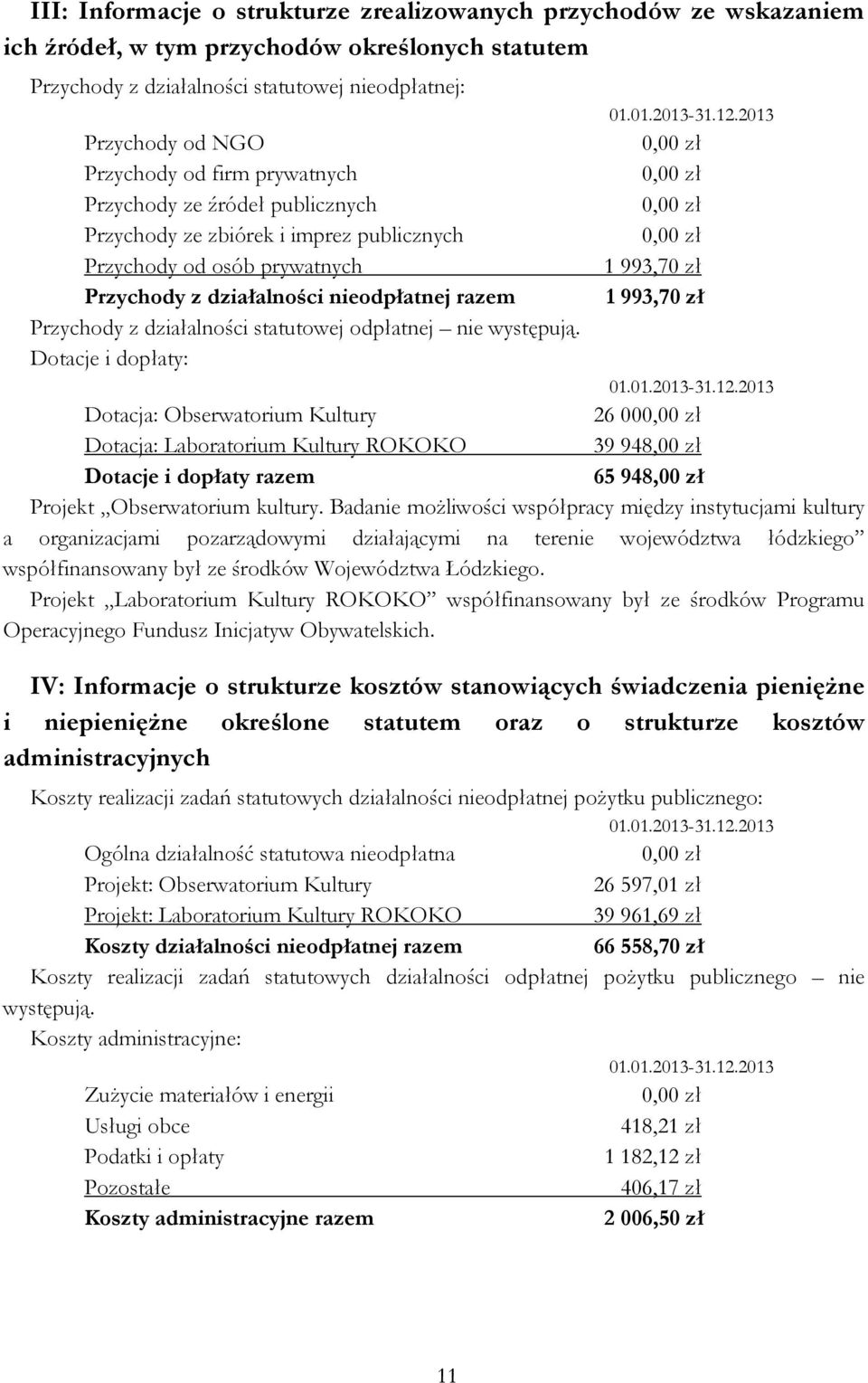 odpłatnej nie występują. Dotacje i dopłaty: 01.01.2013-31.12.