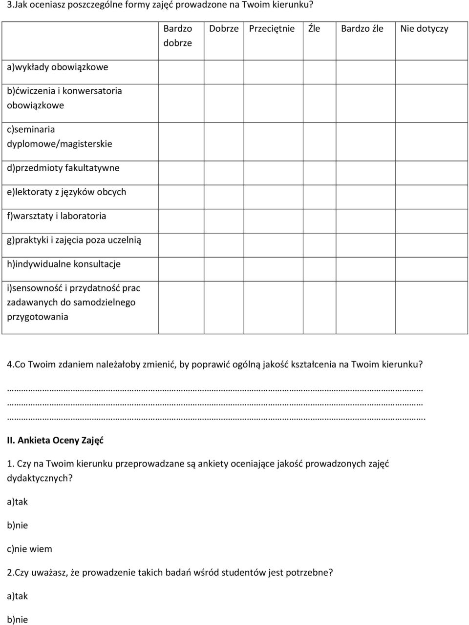 z języków obcych f)warsztaty i laboratoria g)praktyki i zajęcia poza uczelnią h)indywidualne konsultacje i)sensowność i przydatność prac zadawanych do samodzielnego przygotowania 4.