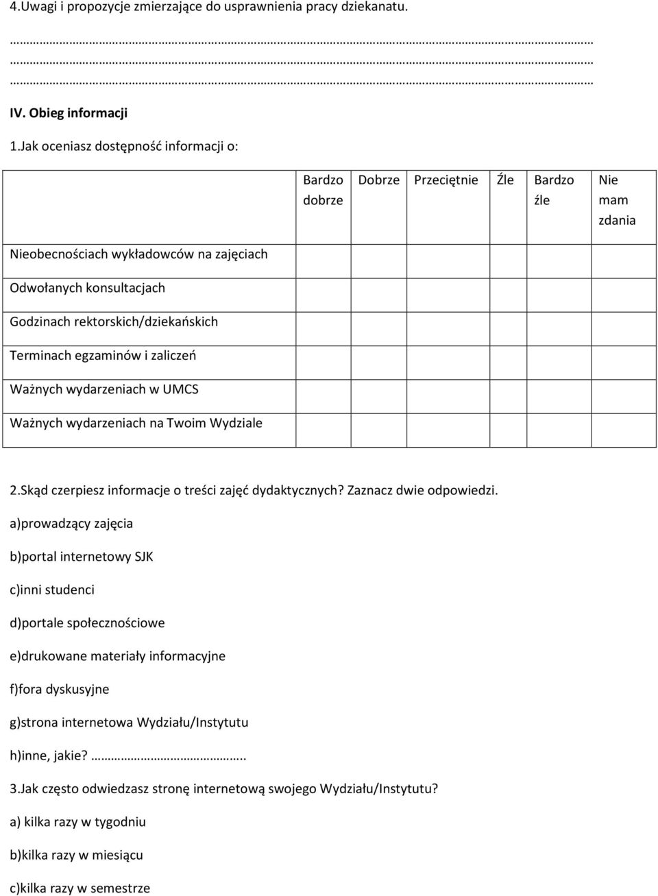 rektorskich/dziekańskich Terminach egzaminów i zaliczeń Ważnych wydarzeniach w UMCS Ważnych wydarzeniach na Twoim Wydziale 2.Skąd czerpiesz informacje o treści zajęć dydaktycznych?