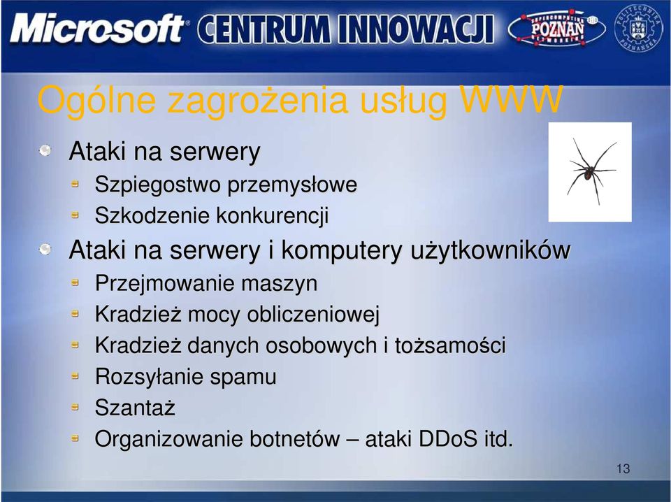 Przejmowanie maszyn KradzieŜ mocy obliczeniowej KradzieŜ danych osobowych i