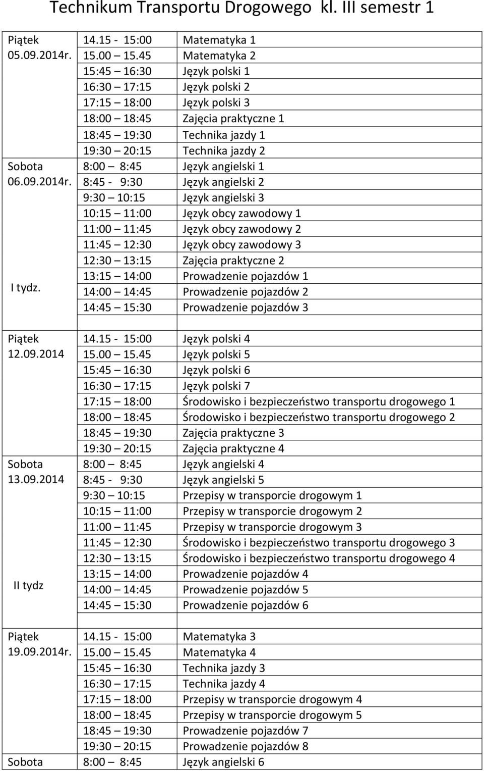 Język angielski 1 8:45-9:30 Język angielski 2 9:30 10:15 Język angielski 3 10:15 11:00 Język obcy zawodowy 1 11:00 11:45 Język obcy zawodowy 2 11:45 12:30 Język obcy zawodowy 3 12:30 13:15 Zajęcia