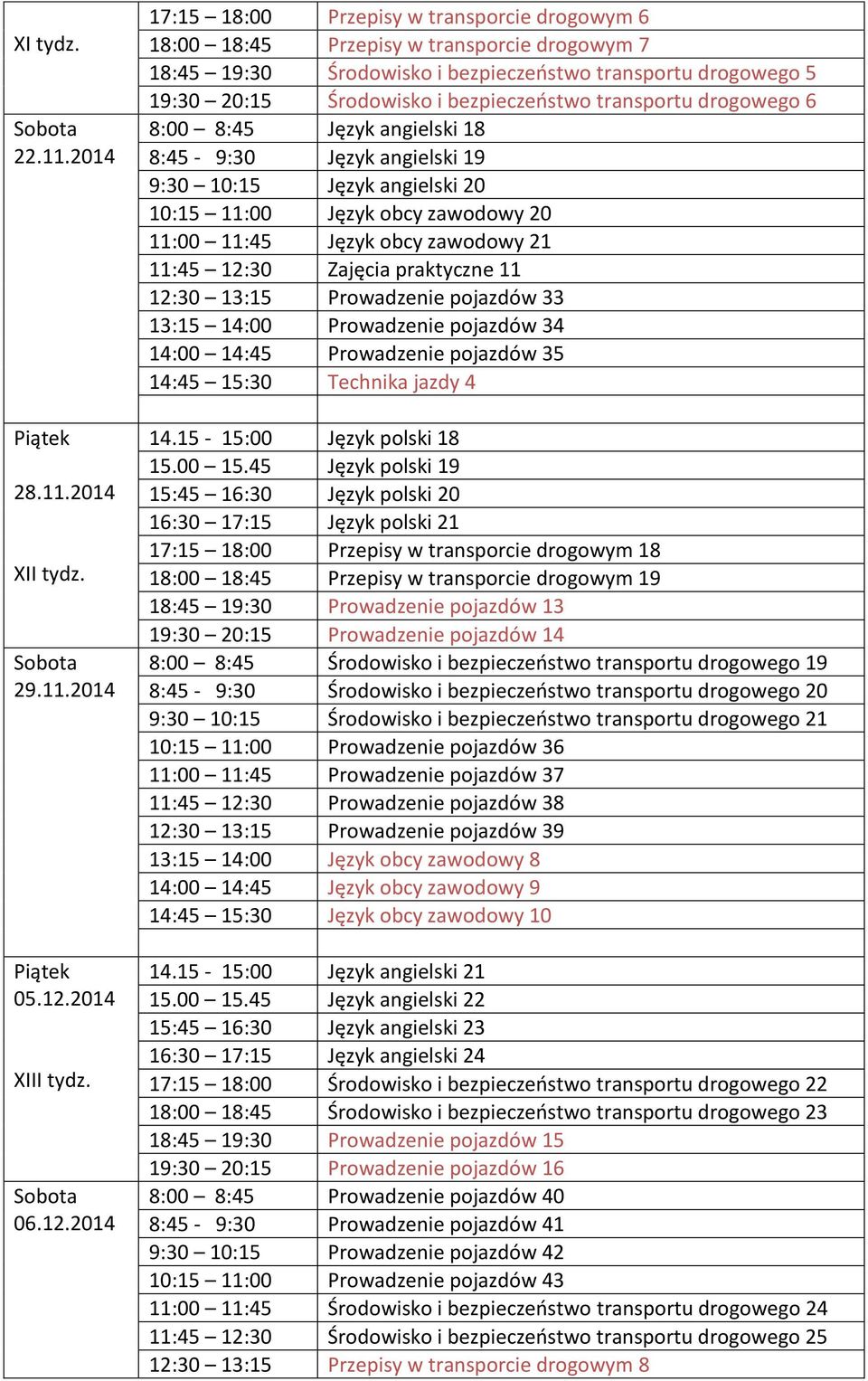 2014 17:15 18:00 Przepisy w transporcie drogowym 6 18:00 18:45 Przepisy w transporcie drogowym 7 18:45 19:30 Środowisko i bezpieczeństwo transportu drogowego 5 19:30 20:15 Środowisko i bezpieczeństwo