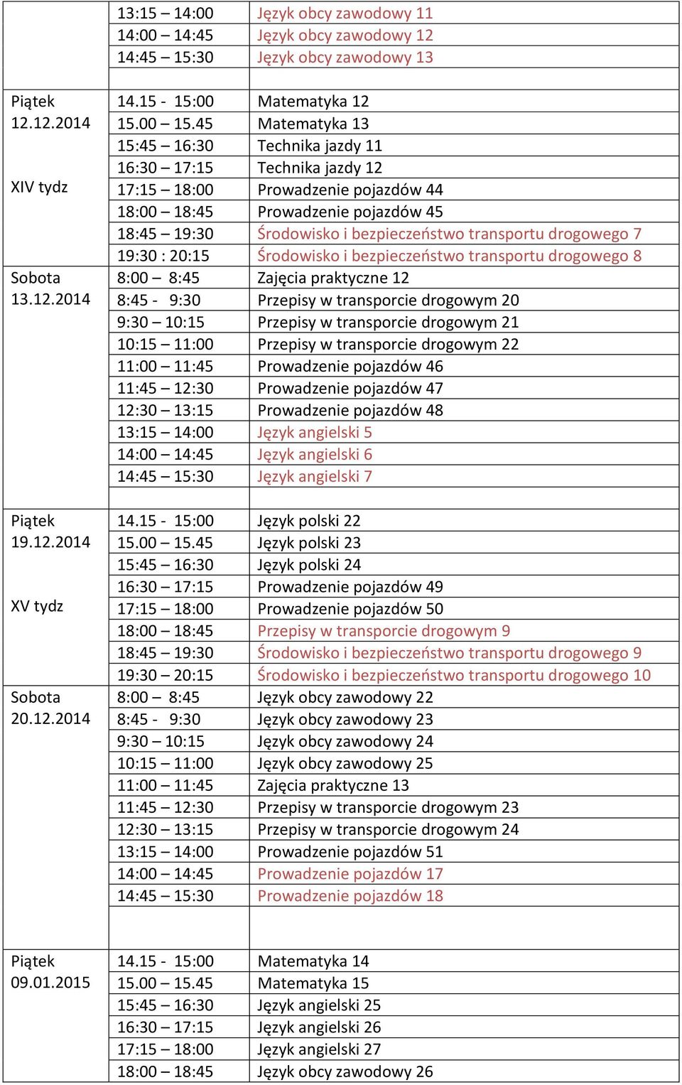 45 Matematyka 13 15:45 16:30 Technika jazdy 11 16:30 17:15 Technika jazdy 12 17:15 18:00 Prowadzenie pojazdów 44 18:00 18:45 Prowadzenie pojazdów 45 18:45 19:30 Środowisko i bezpieczeństwo transportu