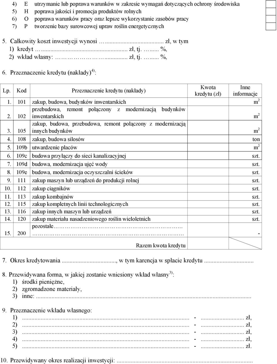 Przeznaczenie kredytu (nakłady) 4) : Lp. Kod Przeznaczenie kredytu (nakłady) Kwota kredytu (zł) Inne informacje 1.