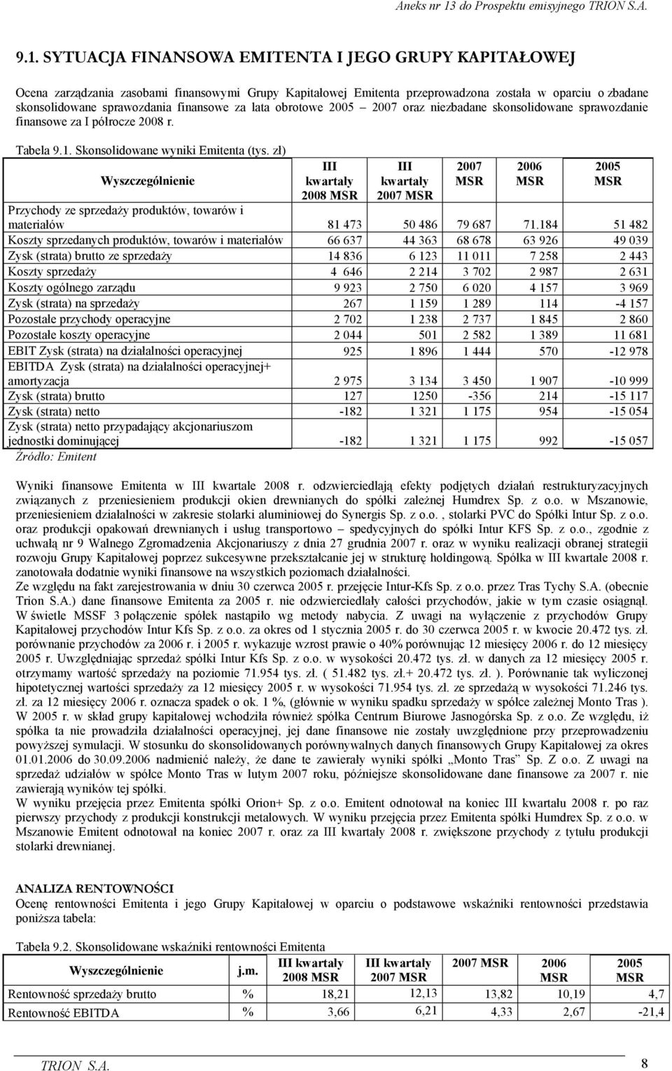 zł) III kwartały 2008 III kwartały 2007 2007 2006 2005 Przychody ze sprzedaŝy produktów, towarów i materiałów 81 473 50 486 79 687 71.