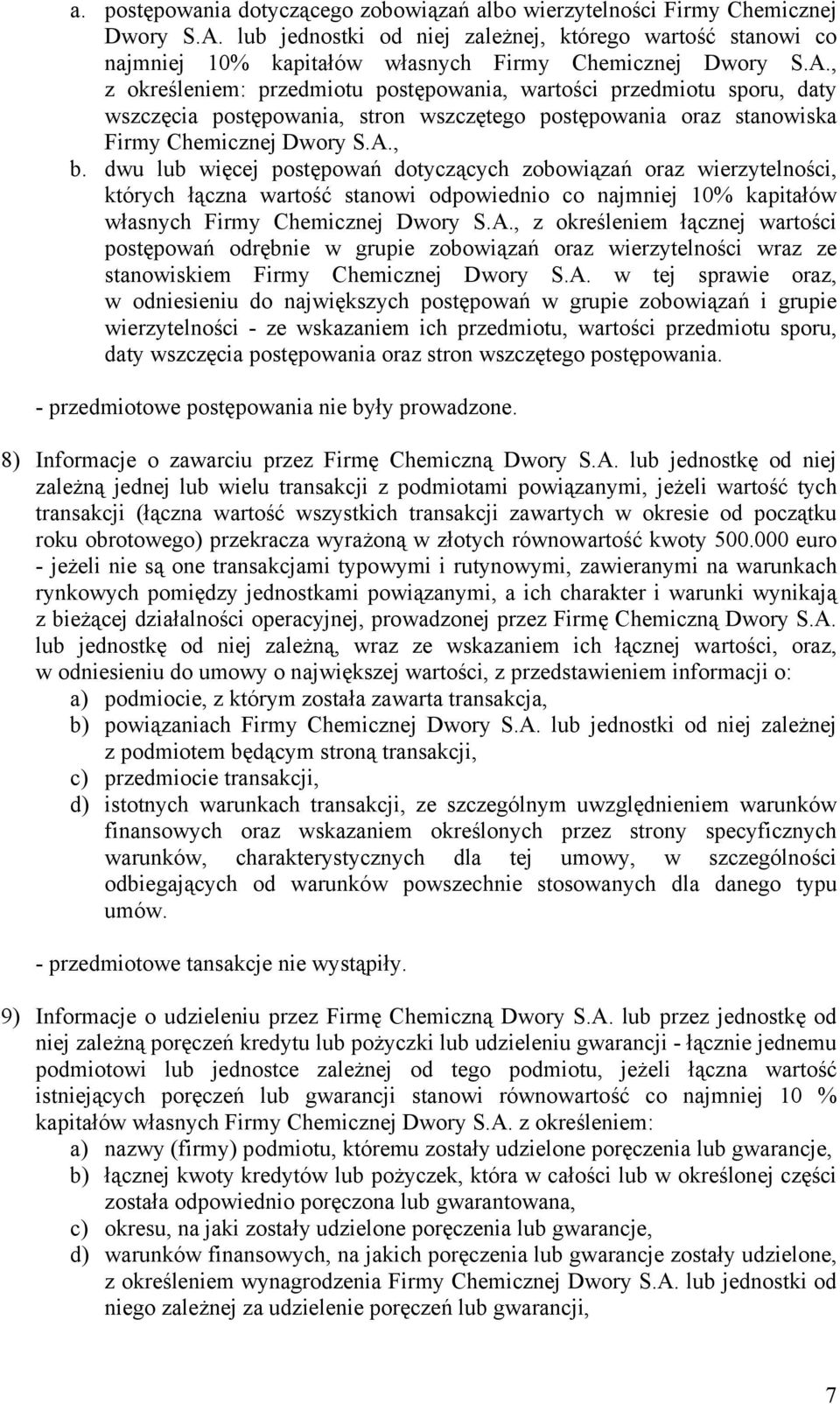 , z określeniem: przedmiotu postępowania, wartości przedmiotu sporu, daty wszczęcia postępowania, stron wszczętego postępowania oraz stanowiska Firmy Chemicznej Dwory S.A., b.