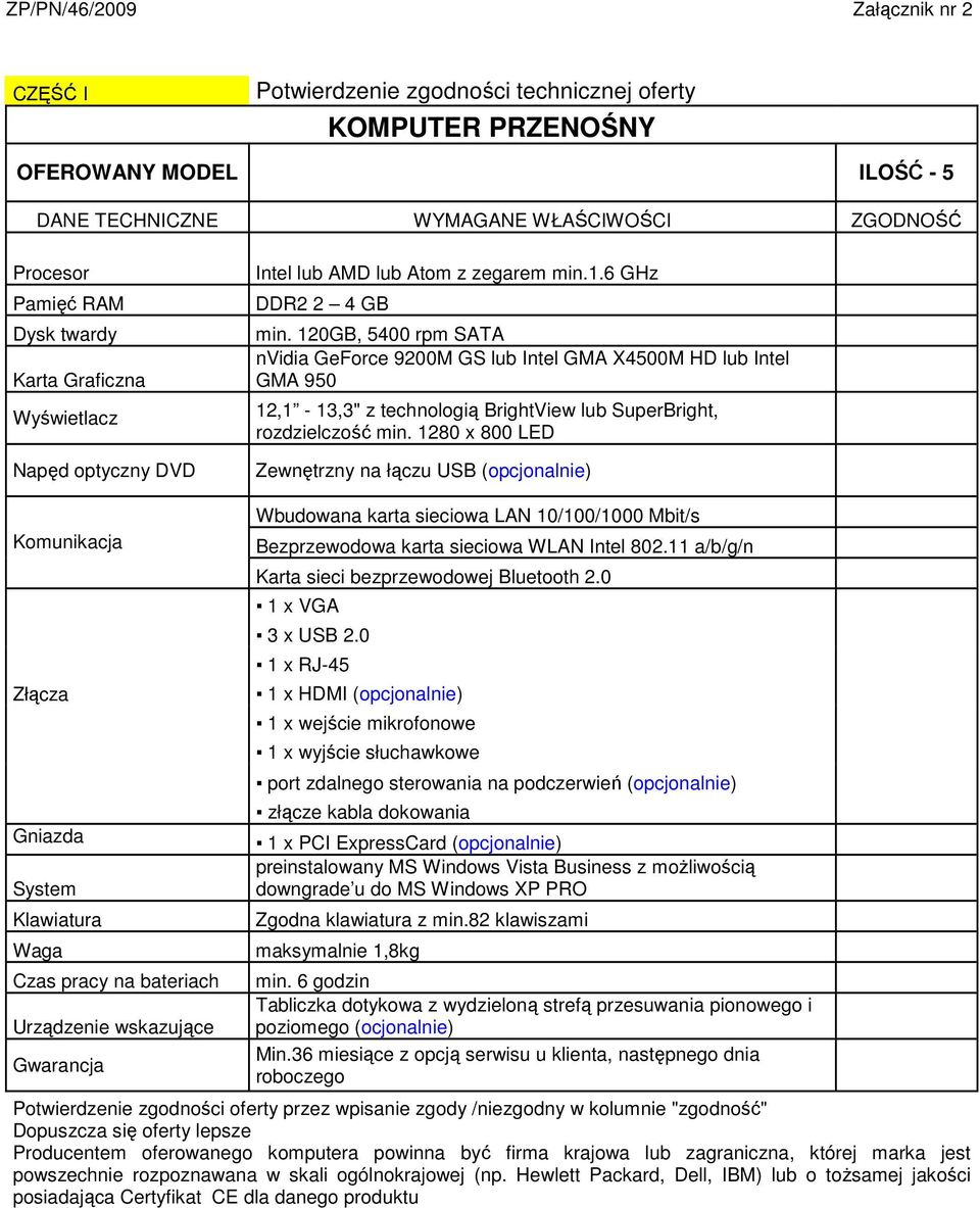1280 x 800 LED Zewnętrzny na łączu USB (opcjonalnie) Komunikacja Gniazda System Klawiatura Czas pracy na bateriach Urządzenie wskazujące Wbudowana karta sieciowa LAN 10/100/1000 Mbit/s Bezprzewodowa