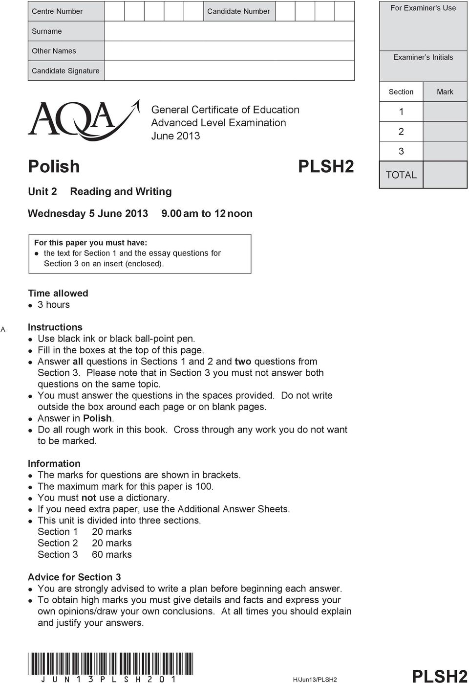 00 am to 12 noon For this paper you must have: the text for Section 1 and the essay questions for Section 3 on an insert (enclosed).