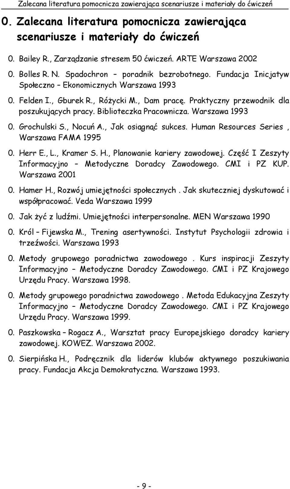 , Dam pracę. Praktyczny przewodnik dla poszukujących pracy. Biblioteczka Pracownicza. Warszawa 1993 0. Grochulski S., Nocuń A., Jak osiągnąć sukces. Human Resources Series, Warszawa FAMA 1995 0.