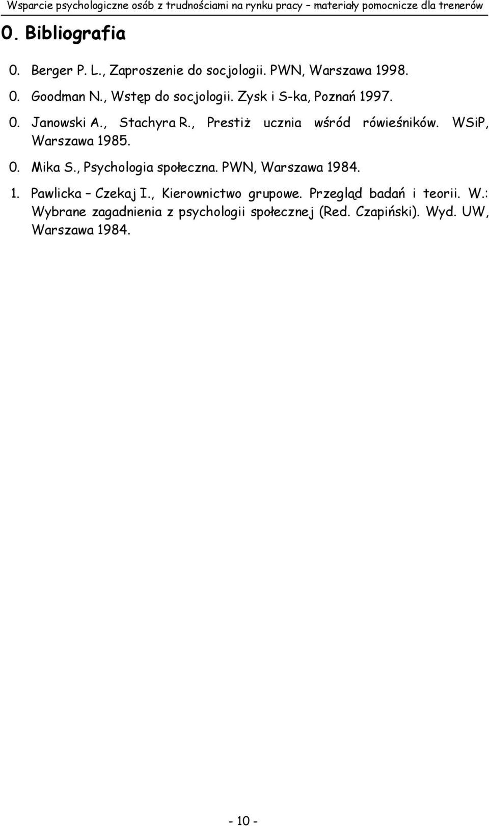 , Stachyra R., PrestiŜ ucznia wśród rówieśników. WSiP, Warszawa 1985. 0. Mika S., Psychologia społeczna. PWN, Warszawa 1984. 1. Pawlicka Czekaj I.