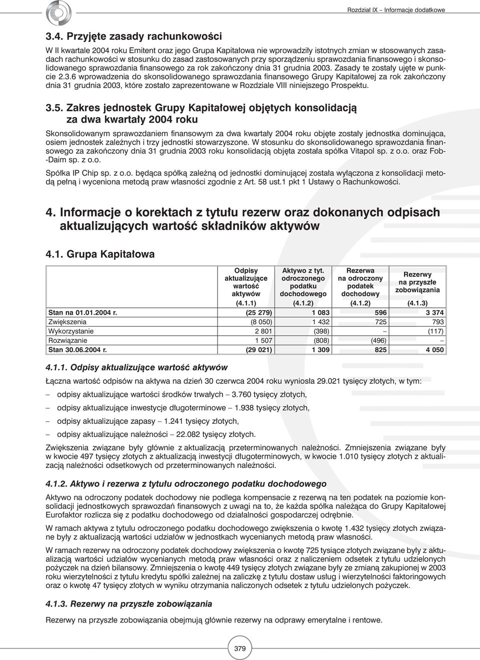 grudnia 2003. Zasady te zostały ujęte w punkcie 2.3.6 wprowadzenia do skonsolidowanego sprawozdania finansowego Grupy Kapitałowej za rok zakończony dnia 31 grudnia 2003, które zostało zaprezentowane w Rozdziale VIII niniejszego Prospektu.