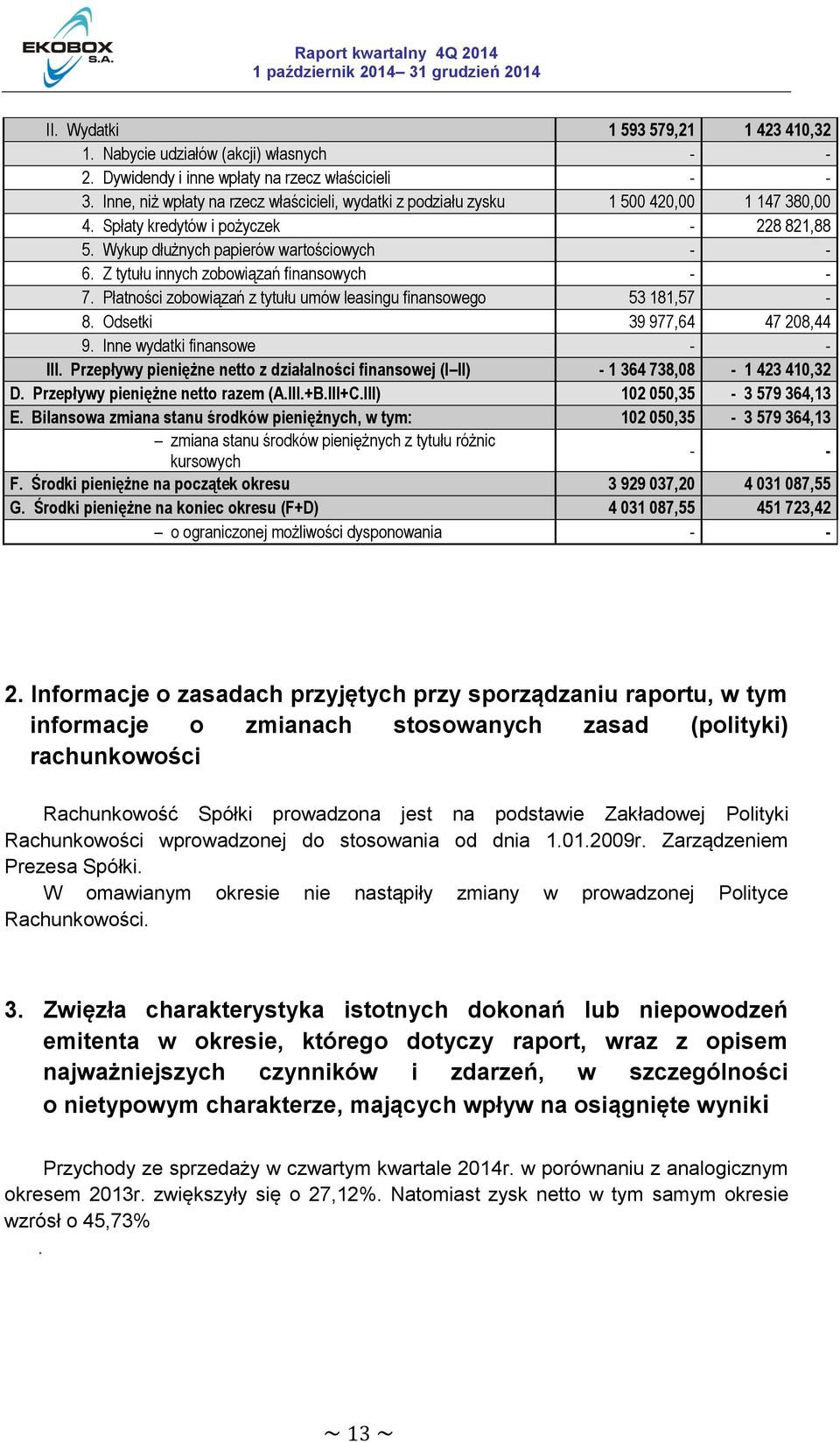 Z tytułu innych zobowiązań finansowych - - 7. Płatności zobowiązań z tytułu umów leasingu finansowego 53 181,57-8. Odsetki 39 977,64 47 208,44 9. Inne wydatki finansowe - - III.