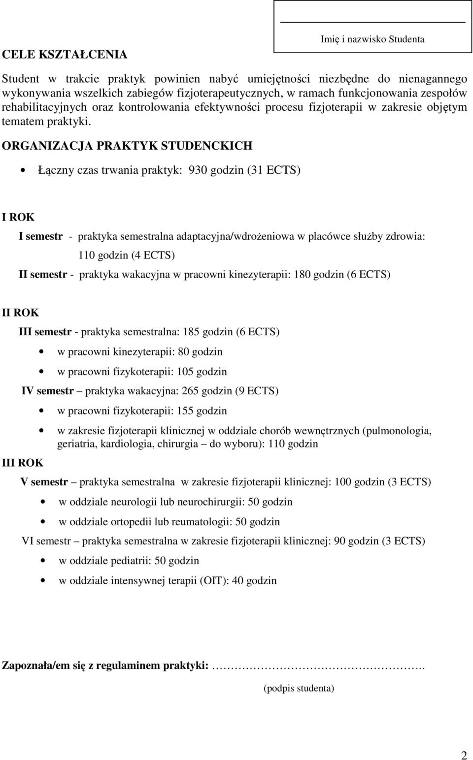 semestralna adaptacyjna/wdrożeniowa w placówce służby zdrowia: 110 godzin (4 ECTS) II semestr - praktyka wakacyjna w pracowni kinezyterapii: 180 godzin (6 ECTS) II ROK III semestr - praktyka