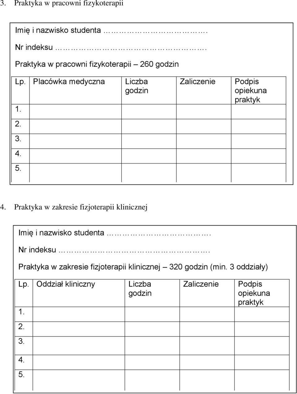 Liczba godzin Zaliczenie Podpis opiekuna praktyk 2. 3. 4.