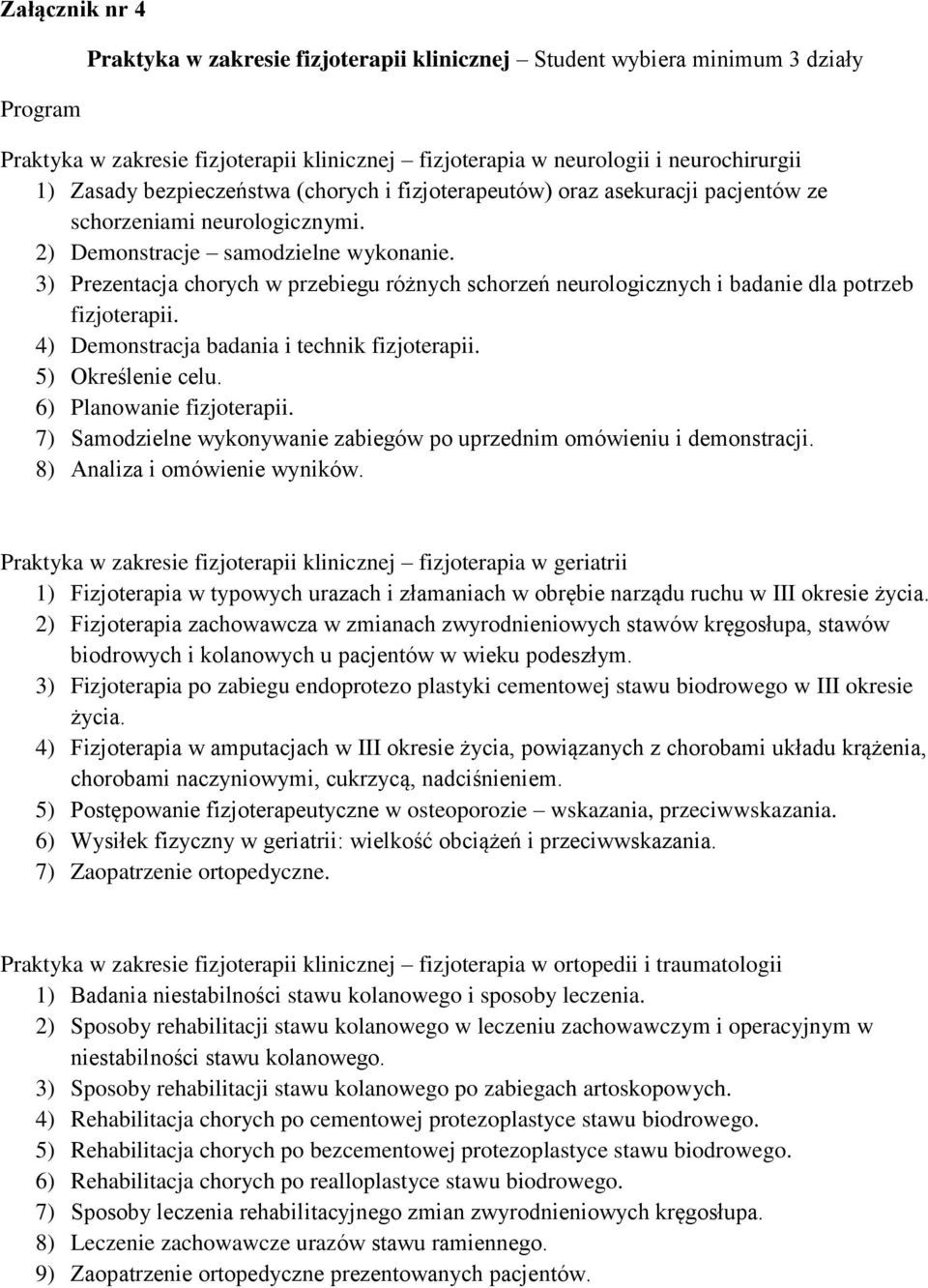 3) Prezentacja chorych w przebiegu różnych schorzeń neurologicznych i badanie dla potrzeb fizjoterapii. 4) Demonstracja badania i technik fizjoterapii. 5) Określenie celu. 6) Planowanie fizjoterapii.