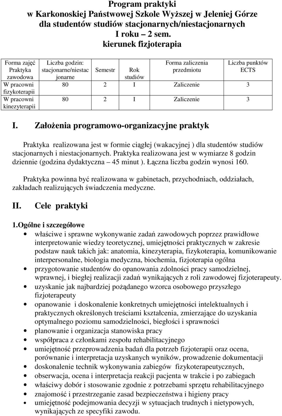 Zaliczenie 3 Liczba punktów ECTS 80 2 I Zaliczenie 3 I.