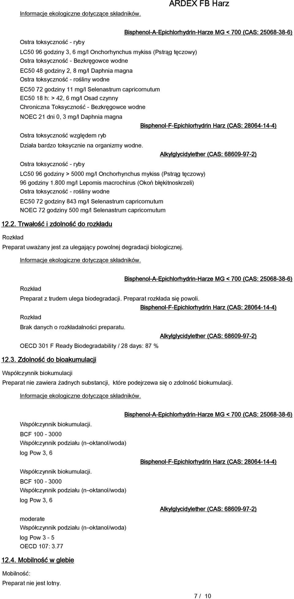 wodne EC50 72 godziny 11 mg/l Selenastrum capricornutum EC50 18 h: > 42, 6 mg/l Osad czynny Chroniczna Toksyczność - Bezkręgowce wodne NOEC 21 dni 0, 3 mg/l Daphnia magna Ostra toksyczność względem