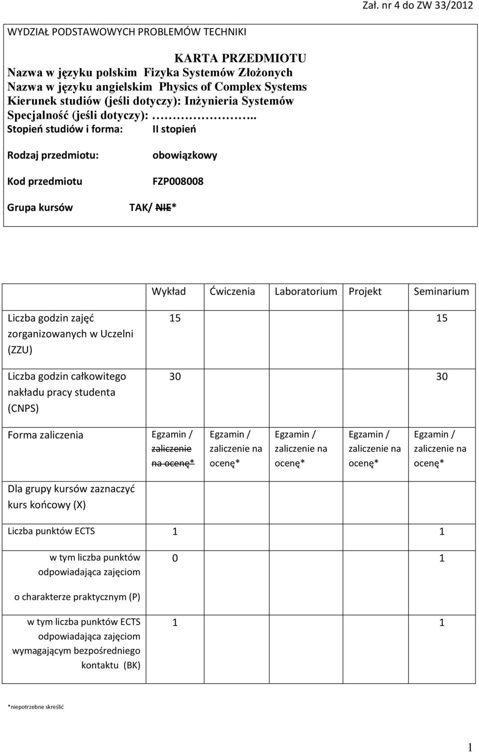 . Stopień studiów i forma: II stopień Rodzaj przedmiotu: Kod przedmiotu Grupa kursów obowiązkowy FZP008008 TAK/ NIE* Wykład Ćwiczenia Laboratorium Projekt Seminarium zajęć zorganizowanych w Uczelni