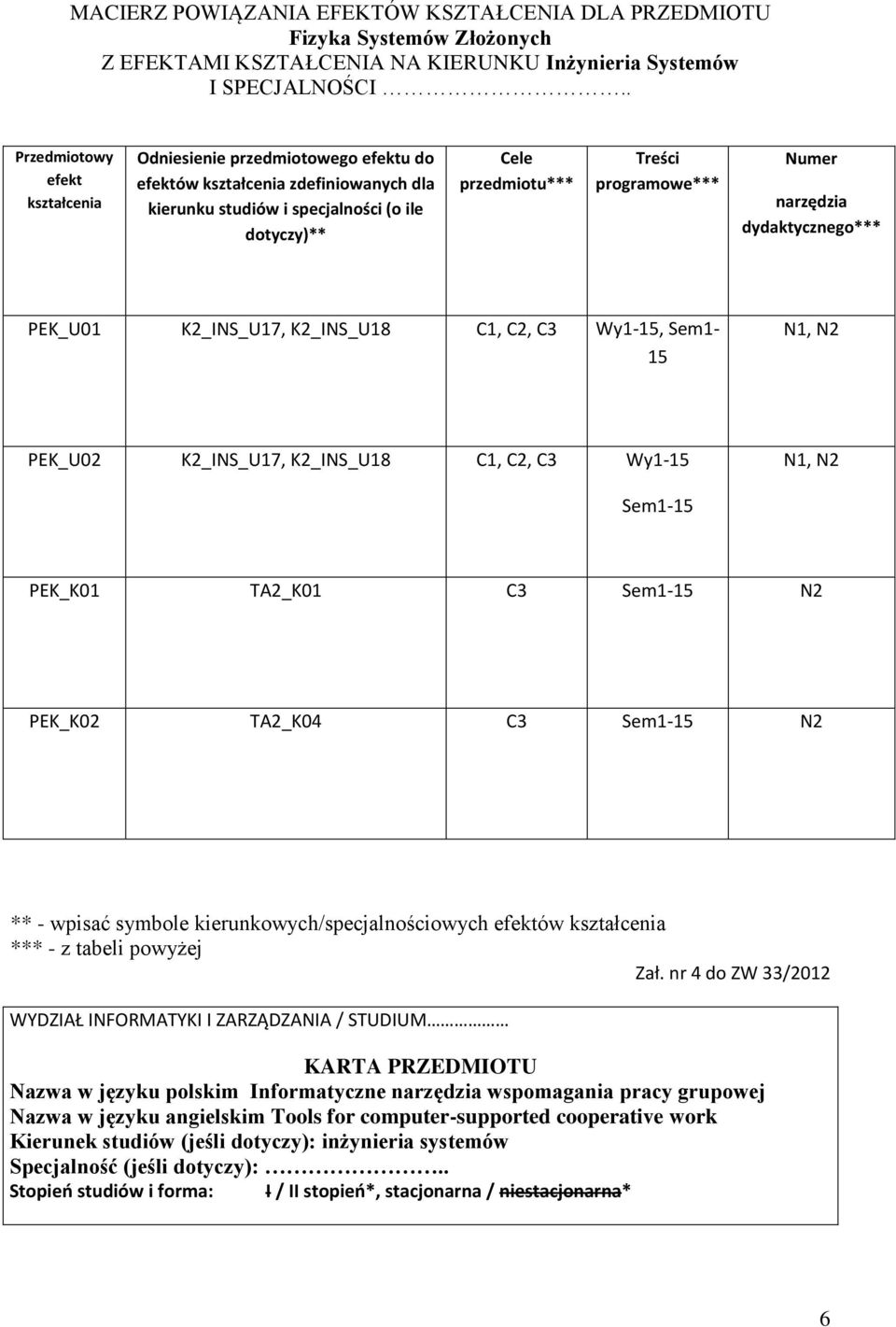 Numer narzędzia dydaktycznego*** PEK_U0 K_INS_U7, K_INS_U8 C, C, C3 Wy-5, Sem- 5 N, N PEK_U0 K_INS_U7, K_INS_U8 C, C, C3 Wy-5 N, N Sem-5 PEK_K0 TA_K0 C3 Sem-5 N PEK_K0 TA_K04 C3 Sem-5 N ** - wpisać