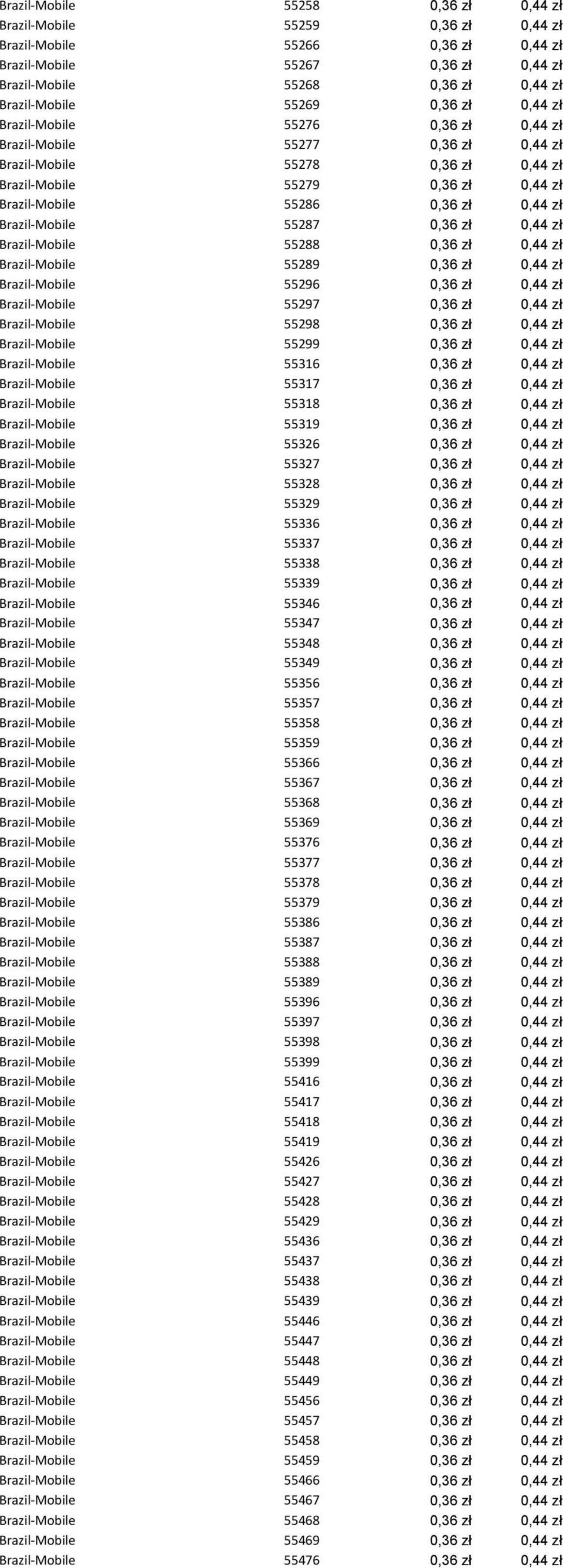 Brazil-Mobile 55287 0,36 zł 0,44 zł Brazil-Mobile 55288 0,36 zł 0,44 zł Brazil-Mobile 55289 0,36 zł 0,44 zł Brazil-Mobile 55296 0,36 zł 0,44 zł Brazil-Mobile 55297 0,36 zł 0,44 zł Brazil-Mobile 55298