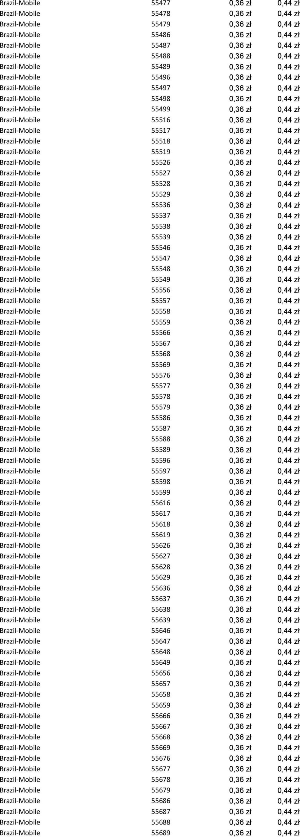 Brazil-Mobile 55516 0,36 zł 0,44 zł Brazil-Mobile 55517 0,36 zł 0,44 zł Brazil-Mobile 55518 0,36 zł 0,44 zł Brazil-Mobile 55519 0,36 zł 0,44 zł Brazil-Mobile 55526 0,36 zł 0,44 zł Brazil-Mobile 55527