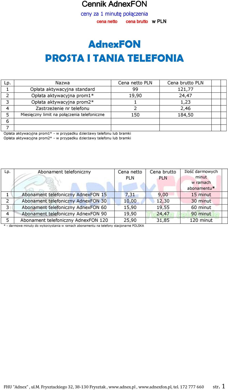 limit na połączenia telefoniczne 150 184,50 6 7 Opłata aktywacyjna prom1* - w przypadku dzierżawy telefonu lub bramki Opłata aktywacyjna prom2* - w przypadku dzierżawy telefonu lub bramki Lp.