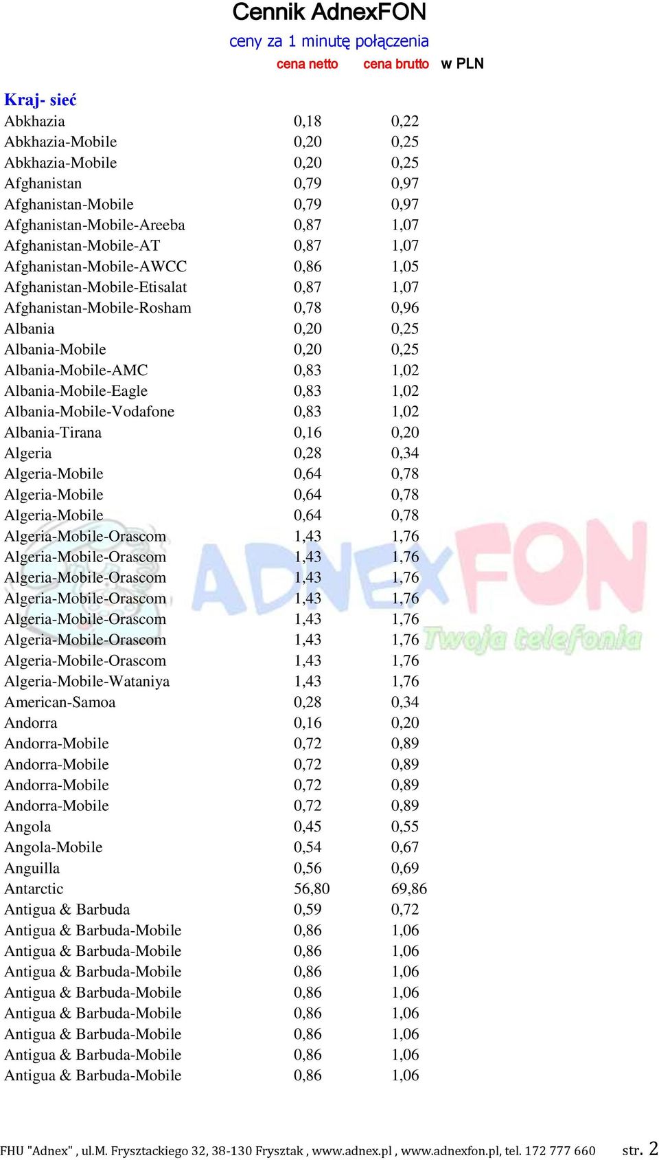 Albania-Mobile-Eagle 0,83 1,02 Albania-Mobile-Vodafone 0,83 1,02 Albania-Tirana 0,16 0,20 Algeria 0,28 0,34 Algeria-Mobile 0,64 0,78 Algeria-Mobile 0,64 0,78 Algeria-Mobile 0,64 0,78