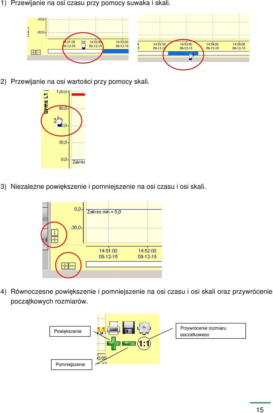 3) NiezaleŜne powiększenie i pomniejszenie na osi czasu i osi skali.