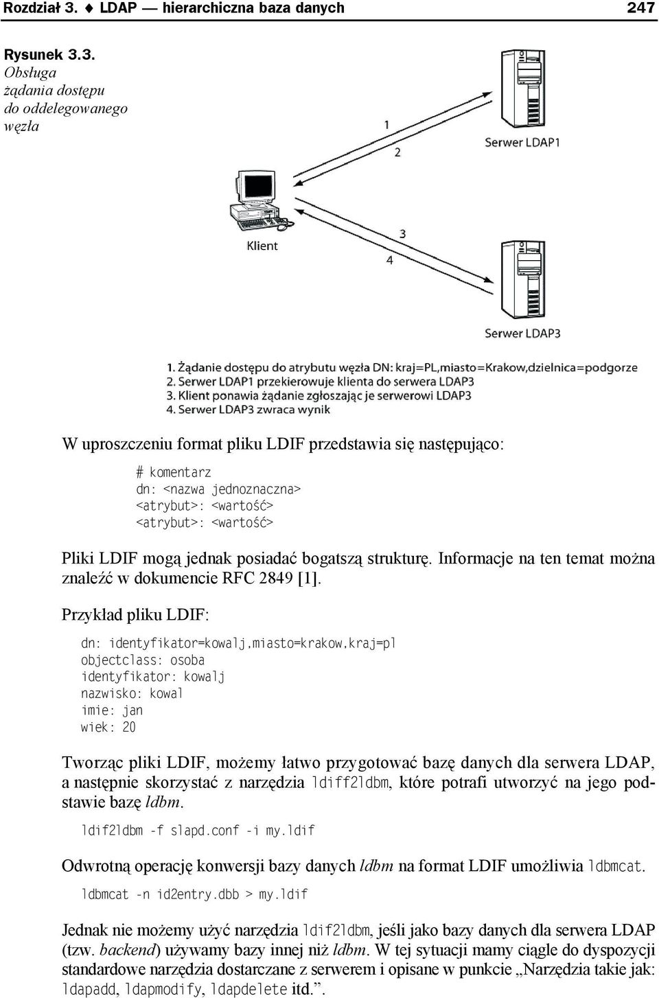 3. Obsługa żądania dostępu do oddelegowanego węzła W uproszczeniu format pliku LDIF przedstawia się następująco: # komentarz dn: <nazwa jednoznaczna> <atrybut>: <wartość> <atrybut>: <wartość> Pliki