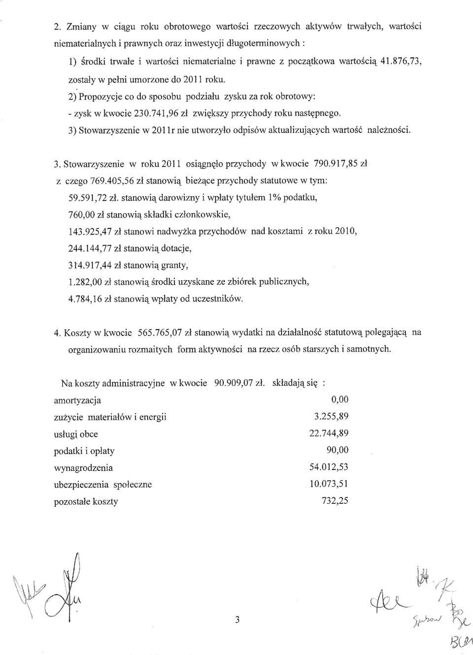 3) Stowarzyszenie w 201 lr nie utworzyto odpisdw aktualizuja:cych warto d nalezno ci. 3. Stowarzyszenie w roku 2011 osi gn lo przychody w kwocie 790.917,85 zl z czego 769.