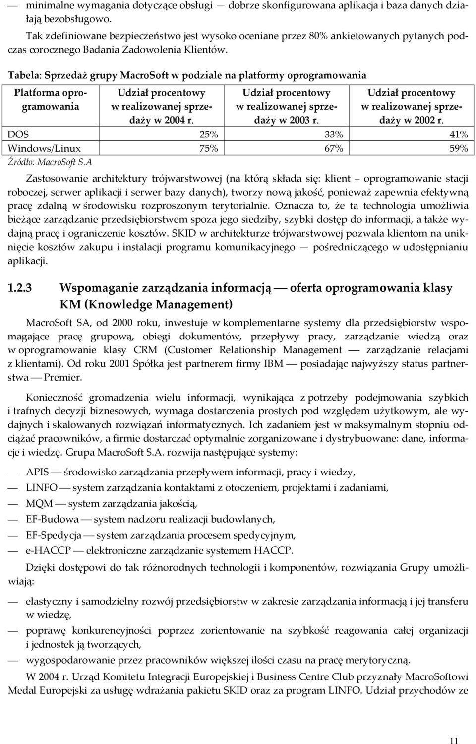 Tabela: Sprzedaż grupy MacroSoft w podziale na platformy oprogramowania Platforma oprogramowania Udział procentowy w realizowanej sprzedaży w 2004 r.