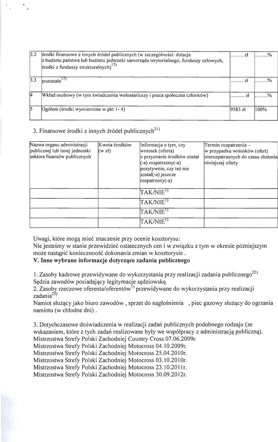 Finansowe srodki z innych ir6del publicznych 21 ) lnazwa organu administracj i publicznej lub innej jednostki sektora finans6w publicznych Kwota srodk6w (w z1) Informacja 0 tym, czy wniosek (oferta)