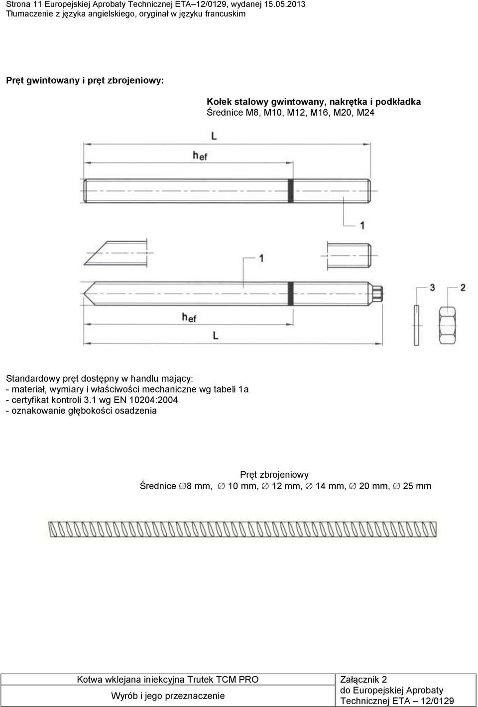 Standardowy pręt dostępny w handlu mający: - materiał, wymiary i właściwości mechaniczne wg tabeli 1a - certyfikat kontroli 3.