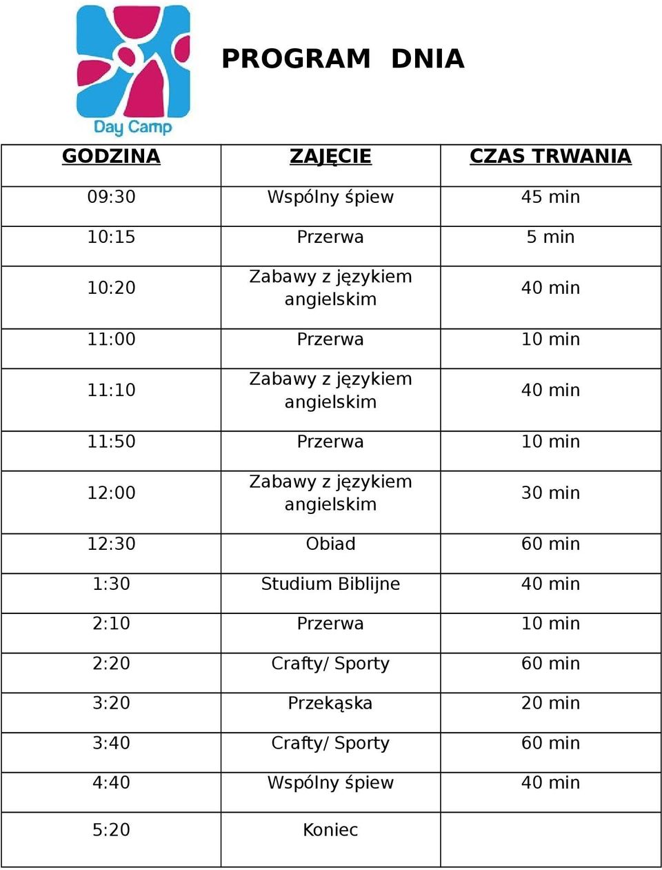 12:30 Obiad 60 min 1:30 Studium Biblijne 40 min 2:10 Przerwa 10 min 2:20 Crafty/ Sporty