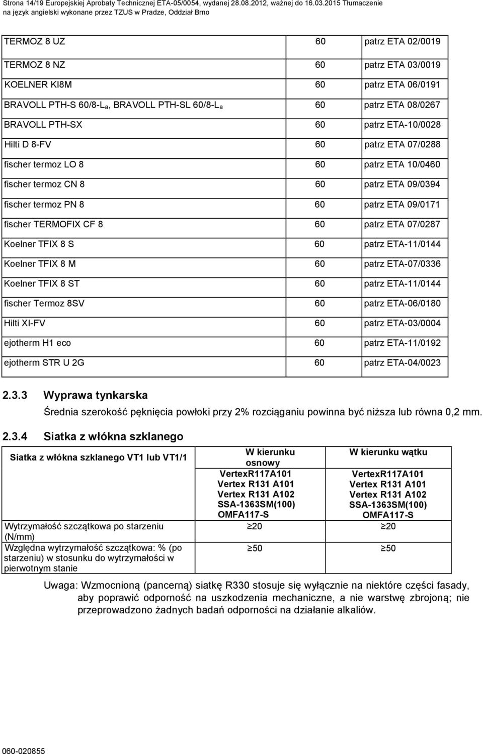 BRAVOLL PTH-SL 608-L a 60 patrz ETA 080267 BRAVOLL PTH-SX 60 patrz ETA-100028 Hilti D 8-FV 60 patrz ETA 070288 fischer termoz LO 8 60 patrz ETA 100460 fischer termoz CN 8 60 patrz ETA 090394 fischer