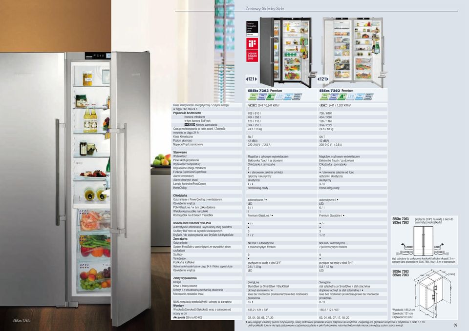 SuperCool/SuperFrost Alarm temperatury Lampki kotrole/frostcotrol HomeDialog v (44 / 0,94 kwh) 708 / 60 l 404 / 58 l 6 / 6 l 04 / 5 l 4 h / 8 kg 4 db(a) 0-40 V~ /,5 A Elektroika Touch / za drzwiami i