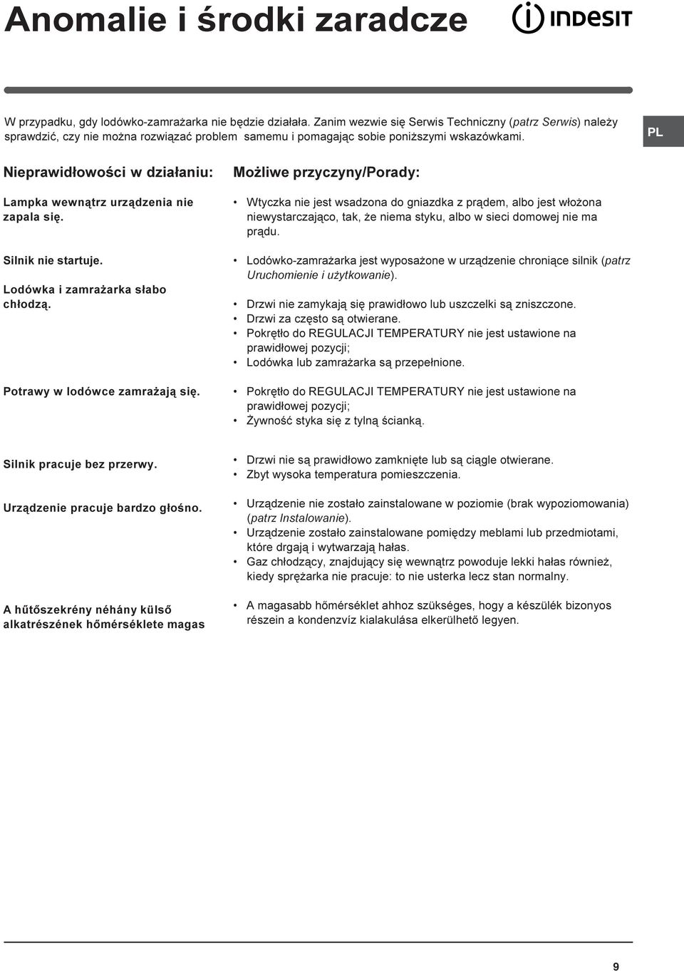 Nieprawid³owoœci w dzia³aniu: Lampka wewn¹trz urz¹dzenia nie zapala siê. Silnik nie startuje. Lodówka i zamra arka s³abo ch³odz¹. Potrawy w lodówce zamra aj¹ siê.