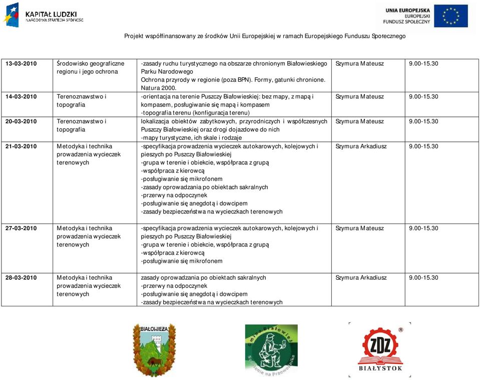 -orientacja na terenie Puszczy Białowieskiej: bez mapy, z mapą i kompasem, posługiwanie się mapą i kompasem -topografia terenu (konfiguracja terenu) lokalizacja obiektów zabytkowych, przyrodniczych i