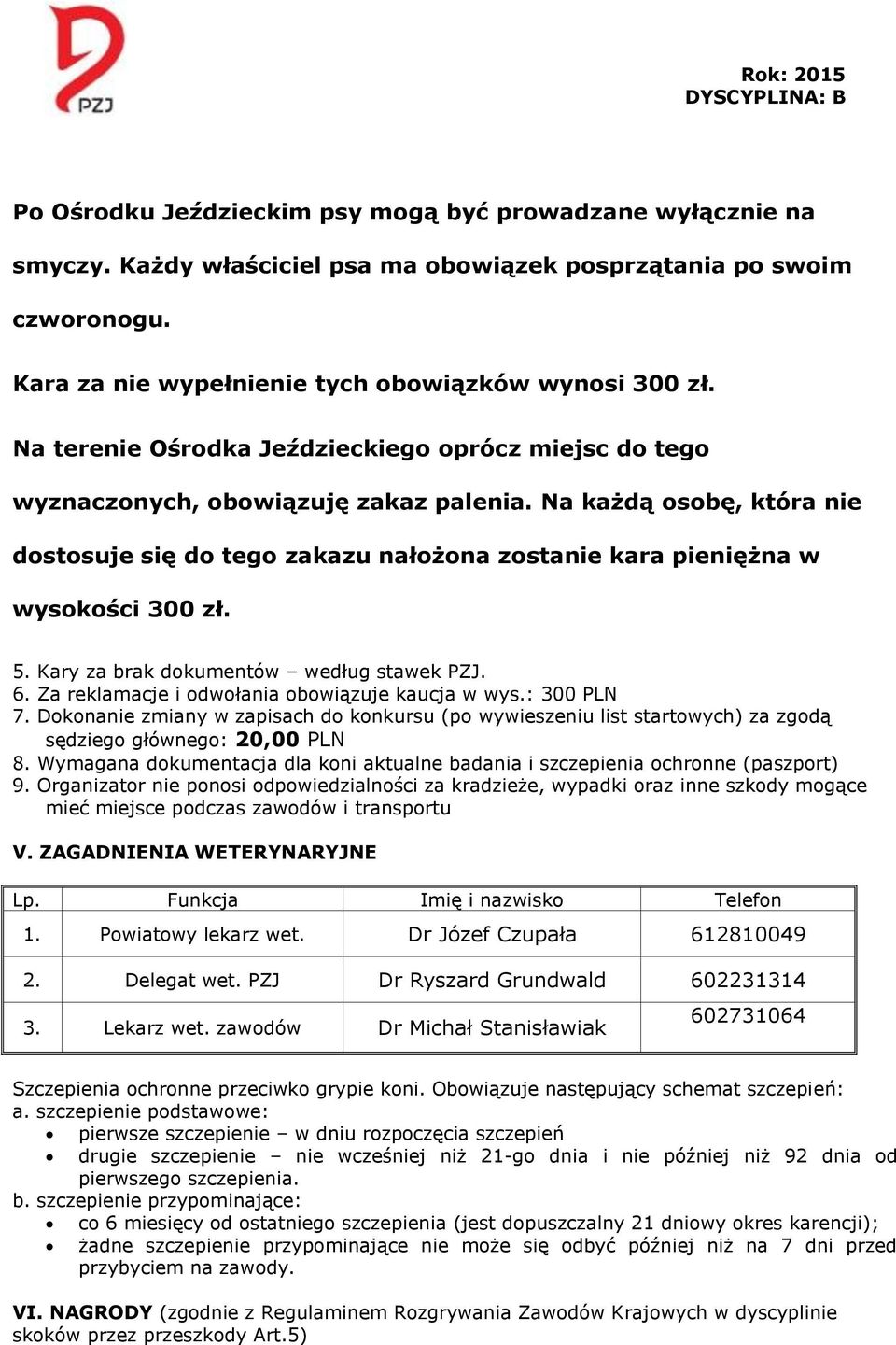 Na każdą osobę, która nie dostosuje się do tego zakazu nałożona zostanie kara pieniężna w wysokości 300 zł. 5. Kary za brak dokumentów według stawek PZJ. 6.