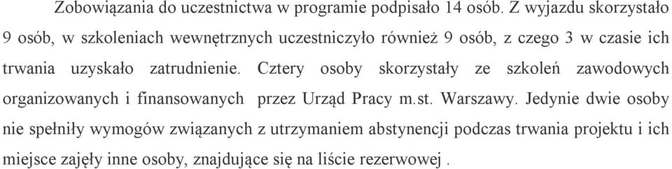 uzyskało zatrudnienie. Cztery osoby skorzystały ze szkoleń zawodowych organizowanych i finansowanych przez Urząd Pracy m.