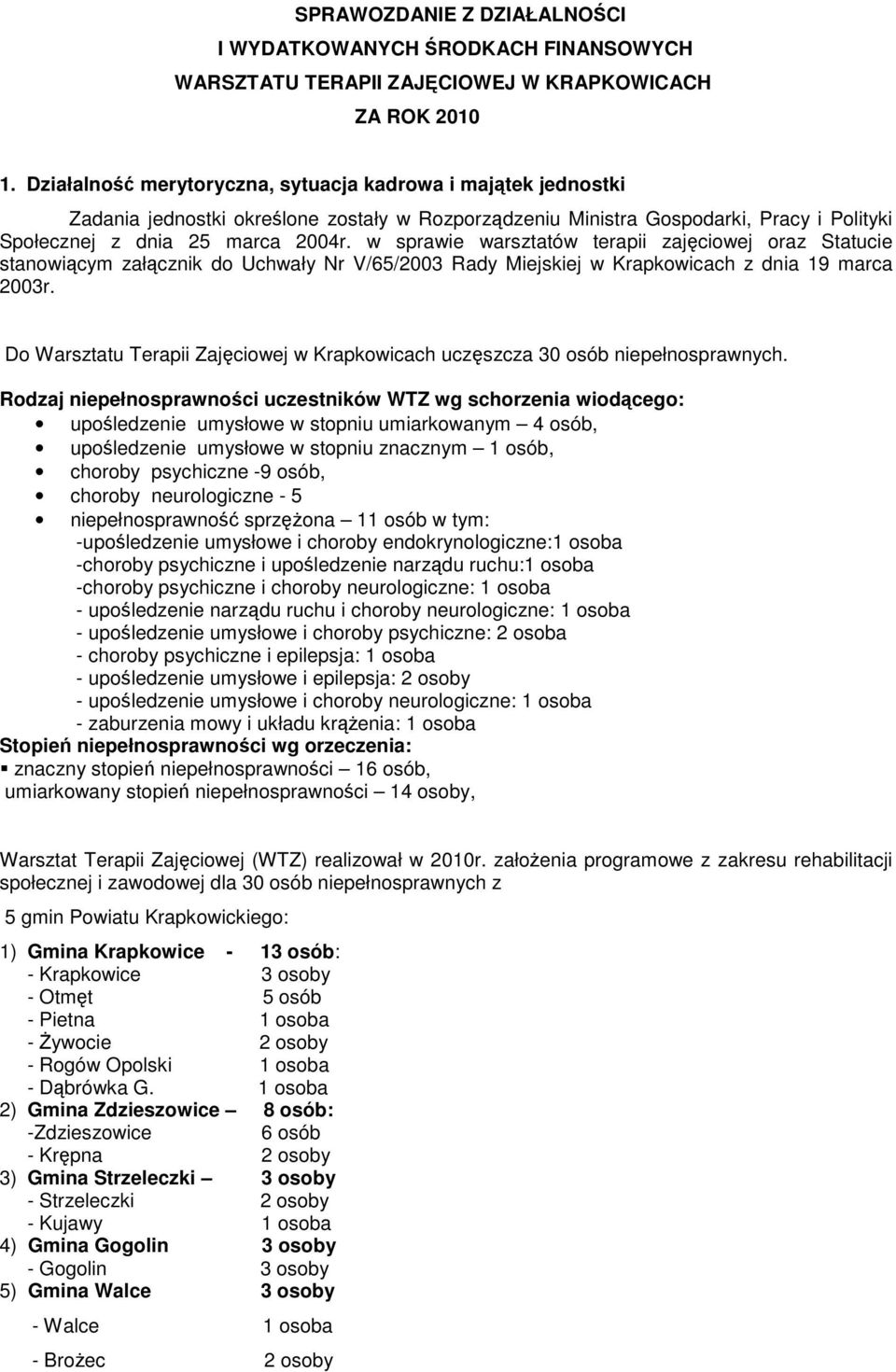 w sprawie warsztatów terapii zajęciowej oraz Statucie stanowiącym załącznik do Uchwały Nr V/65/2003 Rady Miejskiej w Krapkowicach z dnia 19 marca 2003r.