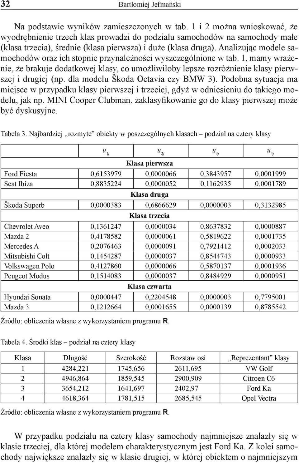 Analizując modele samochodów oraz ich stopnie przynależności wyszczególnione w tab., mamy wrażenie, że brakuje dodatkowej klasy, co umożliwiłoby lepsze rozróżnienie klasy pierwszej i drugiej (np.
