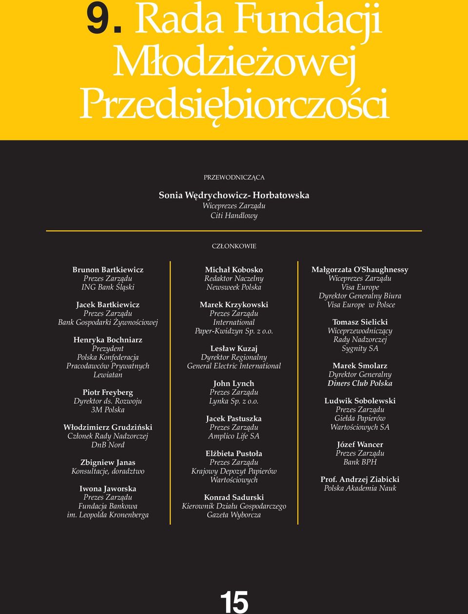 Rozwoju 3M Polska Włodzimierz Grudziński Członek Rady Nadzorczej DnB Nord Zbigniew Janas Konsultacje, doradztwo Iwona Jaworska Prezes Zarządu Fundacja Bankowa im.