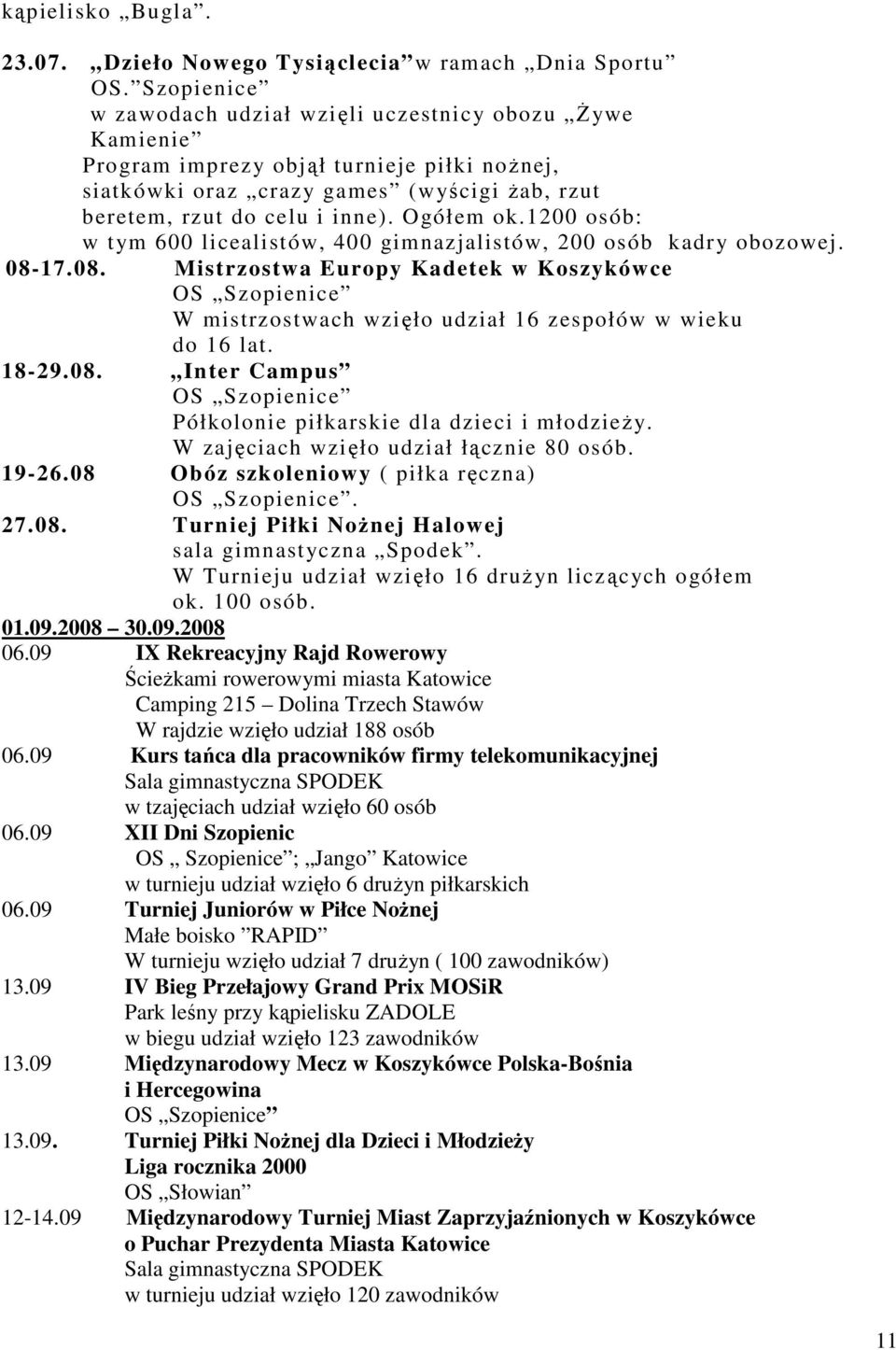 1200 osób: w tym 600 licealistów, 400 gimnazjalistów, 200 osób kadry obozowej. 08-17.08. Mistrzostwa Europy Kadetek w Koszykówce W mistrzostwach wzięło udział 16 zespołów w wieku do 16 lat. 18-29.08. Inter Campus Półkolonie piłkarskie dla dzieci i młodzieŝy.