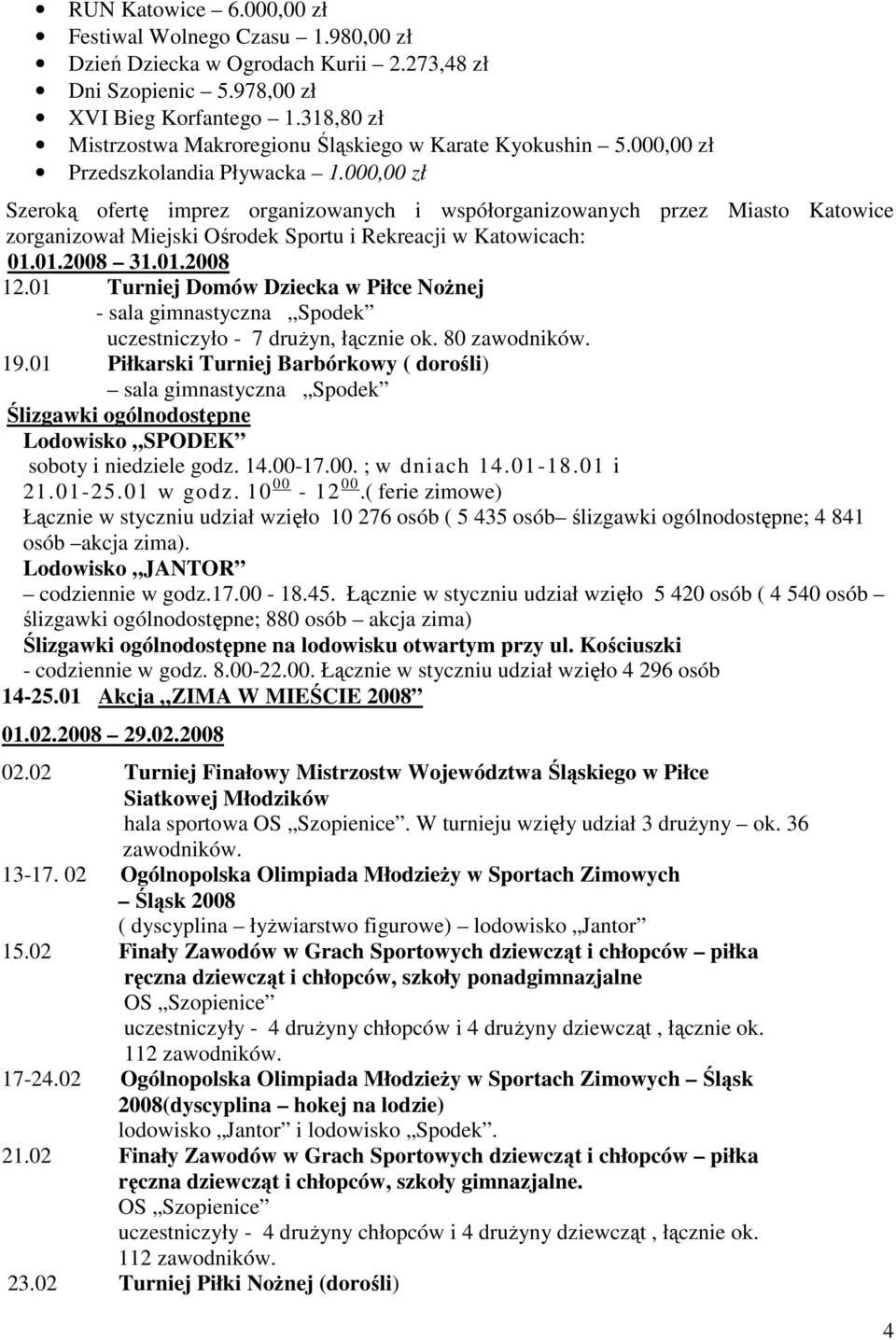 000,00 zł Szeroką ofertę imprez organizowanych i współorganizowanych przez Miasto Katowice zorganizował Miejski Ośrodek Sportu i Rekreacji w Katowicach: 01.01.2008 31.01.2008 12.